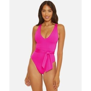 BECCA Belted One Piece Swimsuit Strappy Open Back High Leg Bright Pink